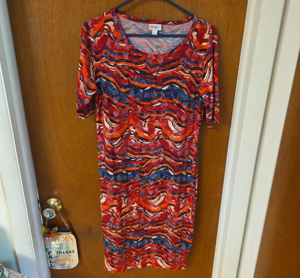 LuLaRoe "Julia"  Red, White, and Blue Multi-Print Stretch Jersey Dress